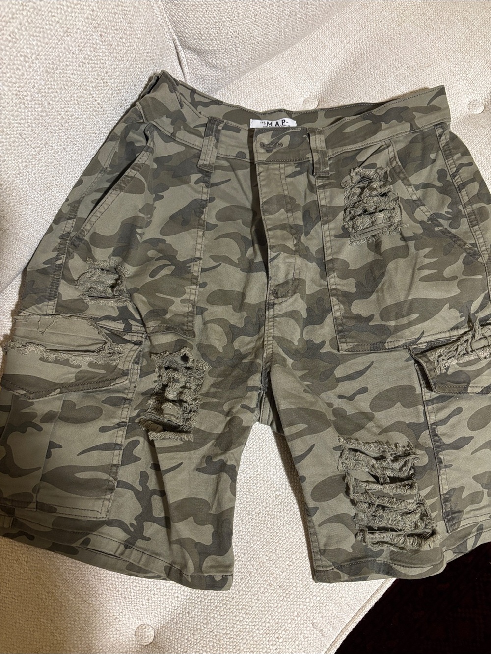 Distressed Denim Camo Cargo Shorts - Olive